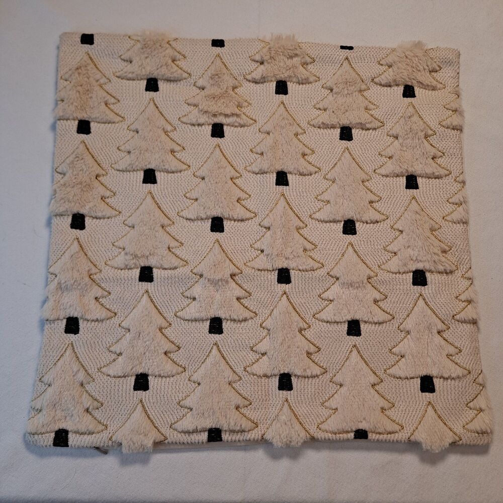 Christmas Tree Pillow Covers 17.5" X 17.5" Set of 2 Beige Plush Tree Gold Trim